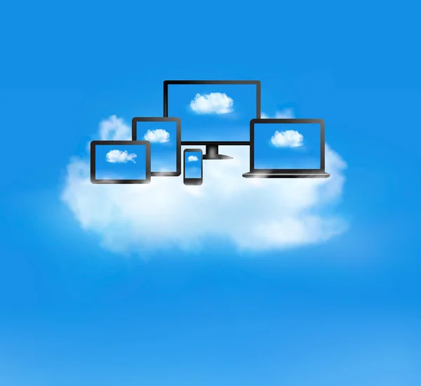 Cloud computing concept. All computer devices and white cloud. V — Stock Vector