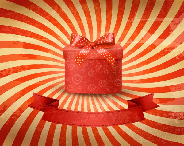 Fondo de vacaciones con cinta de regalo roja con caja de regalo Vector — Vector de stock