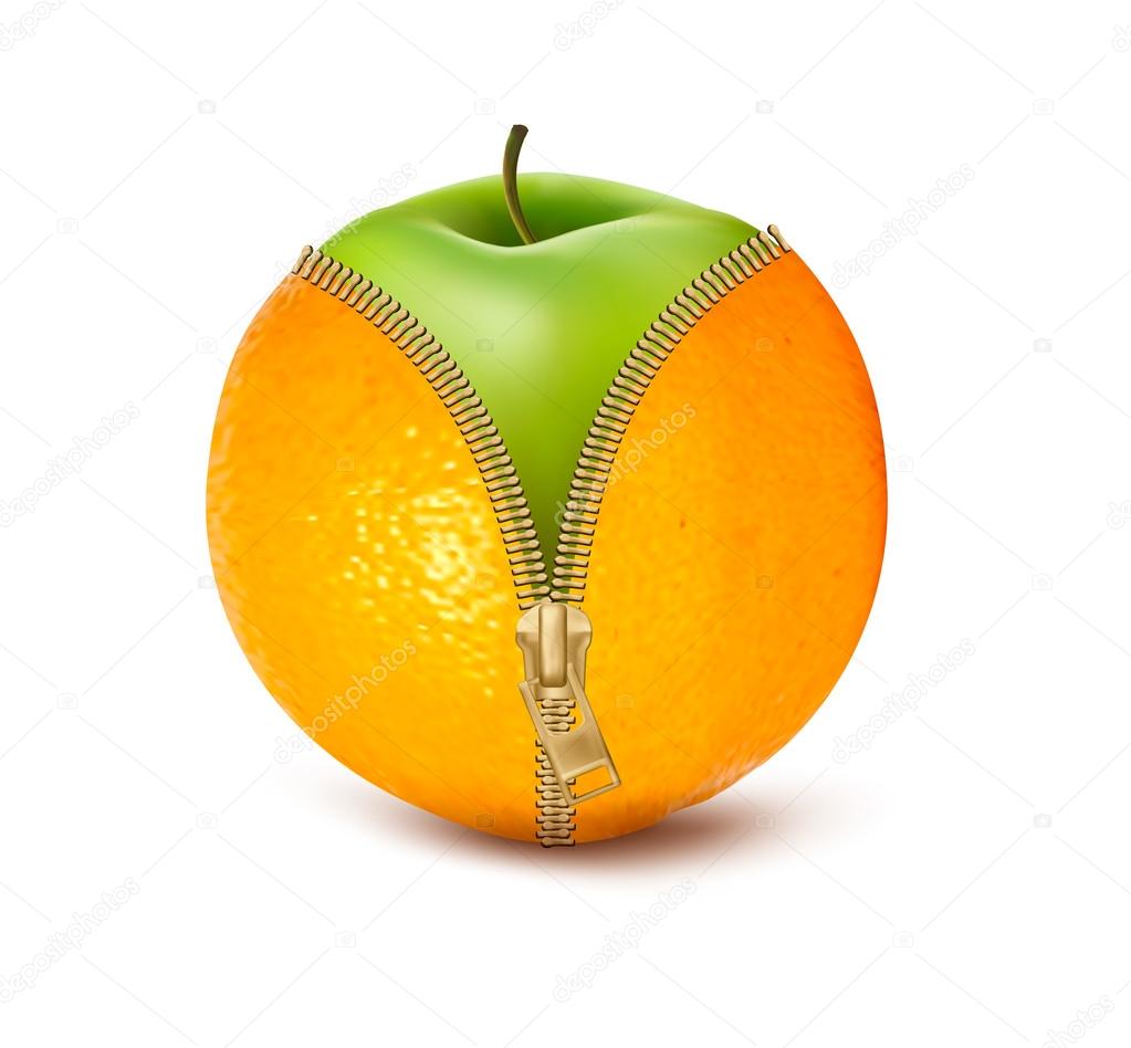Unzipped orange with green apple. Fruit and diet against celluli