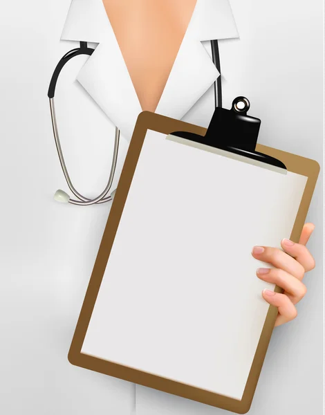 Doctor with stethoscope holding clipboard with blank sheet of pa — Stock Vector