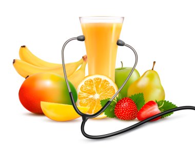 meyve ve bir steteskop grubu. diyet bir kavram. vektör.