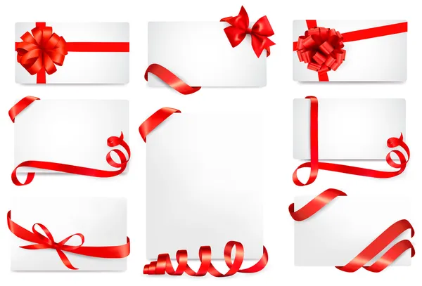 Instellen van gift cards met rode geschenk bogen met linten vector — Stockvector