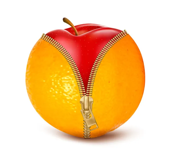 Rozbalené oranžová s červeným apple. ovoce a dieta proti celulitidě — Stockový vektor