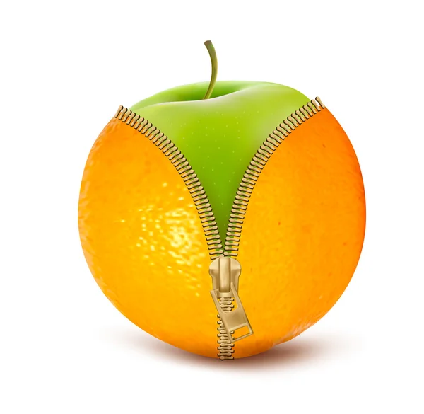 Unzipped orange with green apple. Fruit and diet against celluli — Wektor stockowy