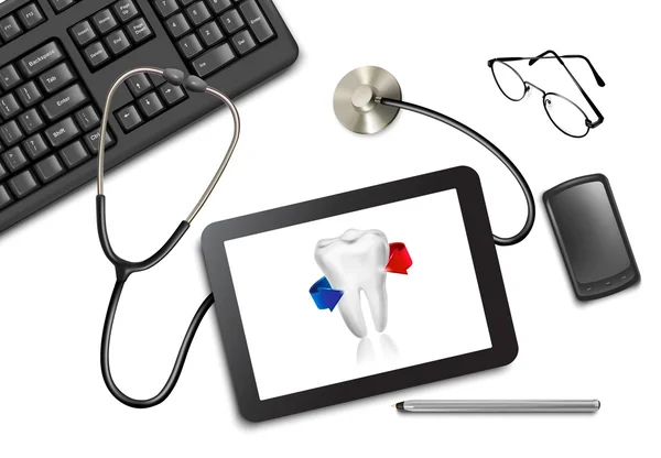 Tablet touch pad e forniture per ufficio sul tavolo dal medico . — Vettoriale Stock