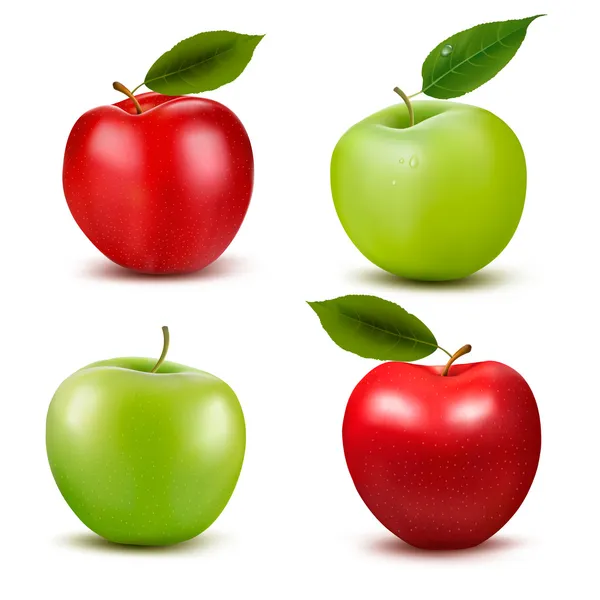 Conjunto de frutos de manzana roja y verde con hojas cortadas y verdes. Vec — Vector de stock