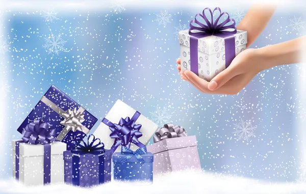 Fondo de Navidad con cajas de regalo. Concepto de dar regalos — Vector de stock