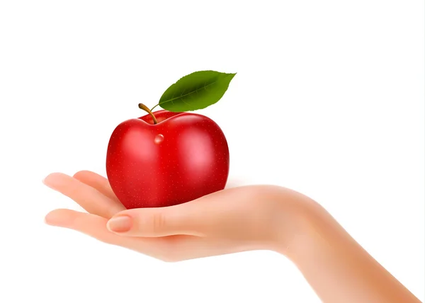 Manzana roja madura en una mano. Concepto de dieta. Vector . — Vector de stock