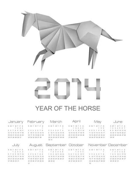 Calendar for the year 2014. Origami horse. Vector illustration. — Stock Vector