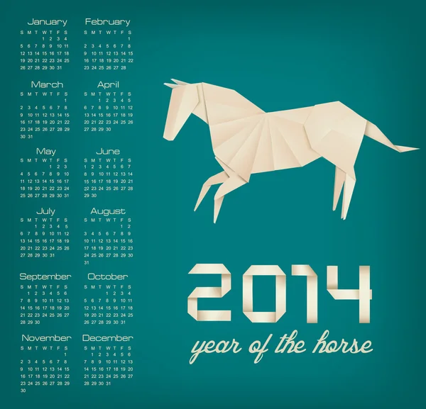 Retro calendar for the year 2014. Origami horse. Vector. — Stock Vector