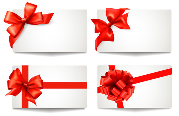 Set of beautiful gift cards with red gift bows with ribbons Vect