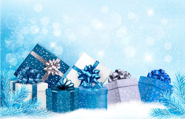 Fundo azul de Natal com caixas de presente e flocos de neve. Vetor — Vetor de Stock
