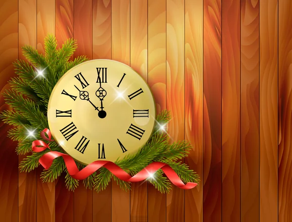 Holiday background with tree branches and clock. Vector illustra — Stock Vector