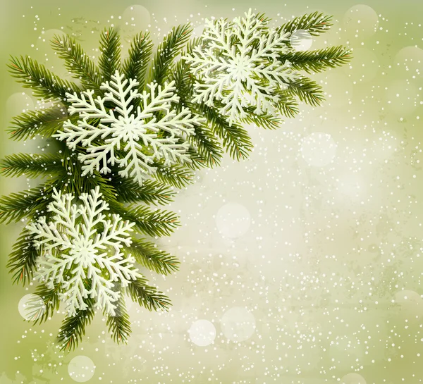 Fondo retro de Navidad con ramas de árbol de Navidad y nieve — Vector de stock