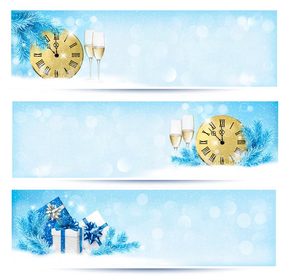 Trois bannières de Noël avec coffrets cadeaux et flocons de neige. Vecteur il — Image vectorielle