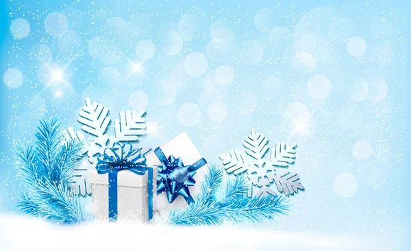 Fondo azul navidad con cajas de regalo y copos de nieve. Vector — Vector de stock