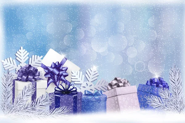 Fond bleu Noël avec boîtes cadeaux et flocons de neige. Vecteur — Image vectorielle