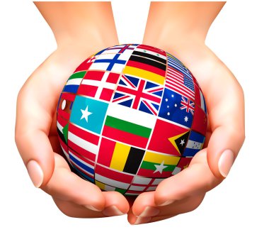 Flags of the world in globe and hand. Vector illustration. clipart