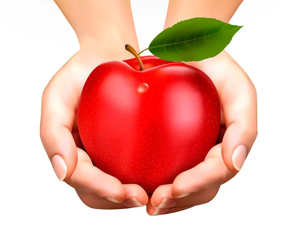 Pomme mûre rouge dans les mains. Concept de régime alimentaire. Vecteur . — Image vectorielle
