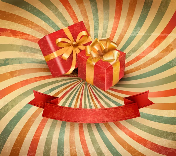 Ρετρό διακοπές φόντο με μπλε δώρο κορδέλα με κουτιά δώρων. διάνυσμα — Διανυσματικό Αρχείο