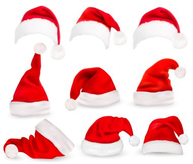 Kırmızı Noel Baba şapkası koleksiyonu. Vektör.