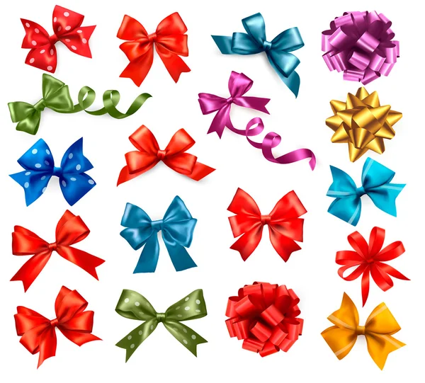 Big collection of color gift bows with ribbons. Vector illustrat