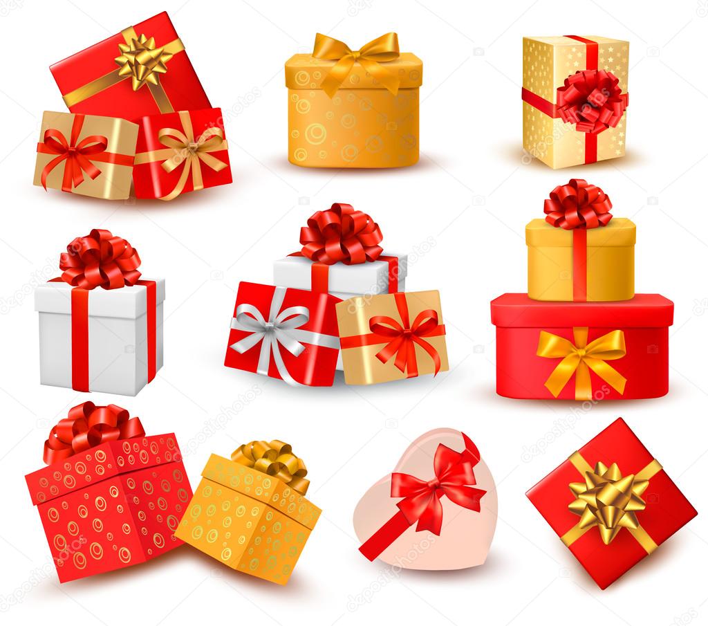 Set of colorful gift boxes with bows and ribbons. Vector