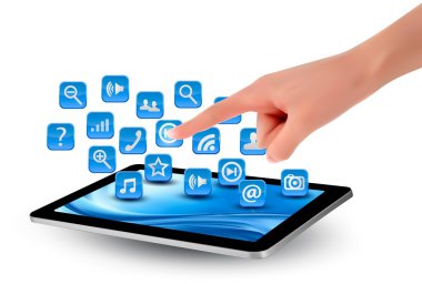 touch pad pc ve ben 's ekran dokunaklı parmak tutmak el