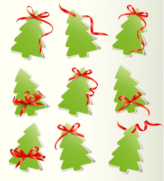 Set di bellissime carte regalo con fiocchi regalo rossi con nastri Vect — Vettoriale Stock