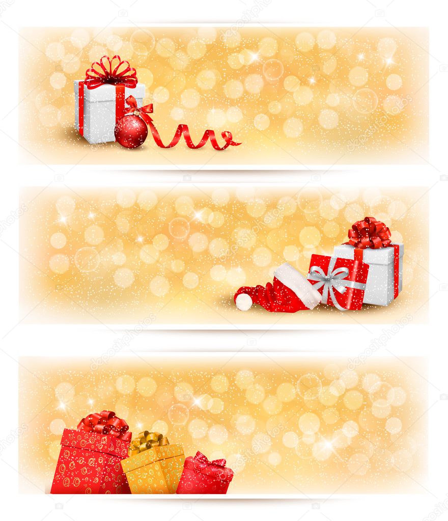 Set of holiday christmas banners with gift boxes and ribbon. Vec