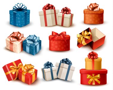 Set of colorful retro gift boxes with bows and ribbons. Vector i clipart