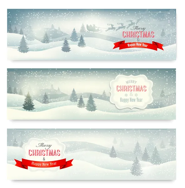 Tres banderas de paisaje navideño. Vector . — Vector de stock