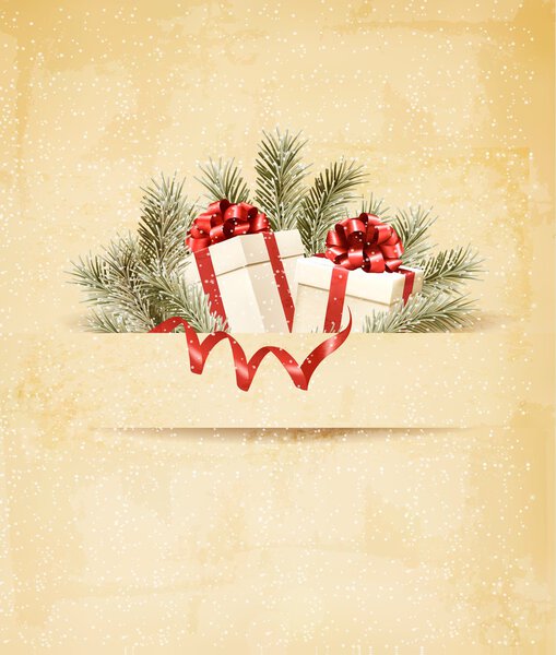 Праздничный фон с лентой и красные подарочные коробки. Вектор
.