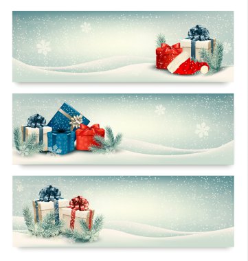Christmas winter banners with presents. Vector.