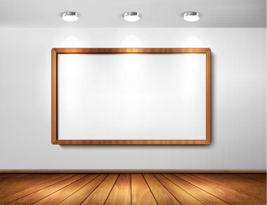 Empty wooden frame on a wall with spotlights and wooden floor. Vector illustration. clipart