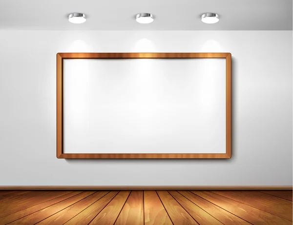 Cadre en bois vide sur un mur avec projecteurs et plancher en bois. Illustration vectorielle . — Image vectorielle