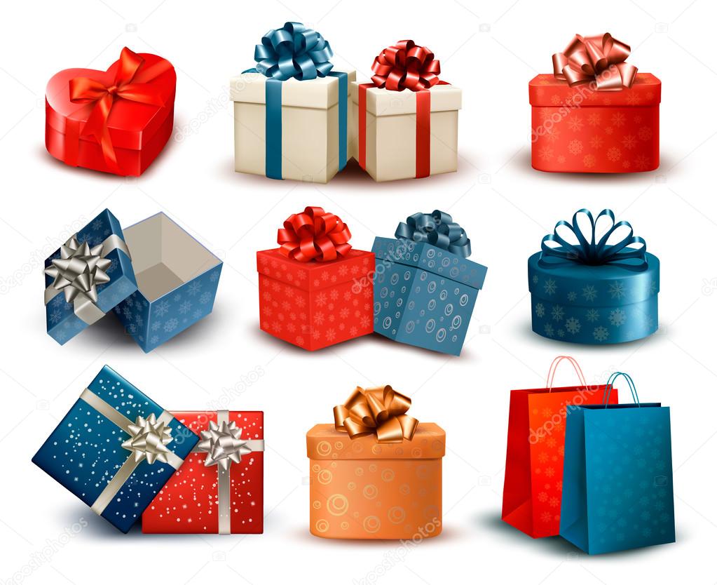 Set of colorful retro gift boxes with bows and ribbons. Vector i