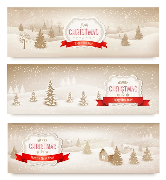 Three christmas holiday landscape banners. Vector. — Stock Vector