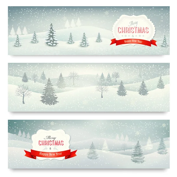 3 つのクリスマスの休日のバナーを風景します。ベクトル. — ストックベクタ