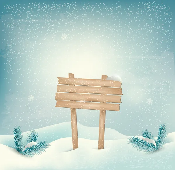 Fondo de invierno de Navidad con letrero de madera y paisaje. Vect. — Archivo Imágenes Vectoriales