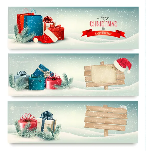 Vánoční zimní bannery s dárky. vektor. — Stockový vektor
