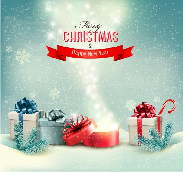Fondo de invierno de Navidad con regalos y caja mágica abierta Ve — Vector de stock