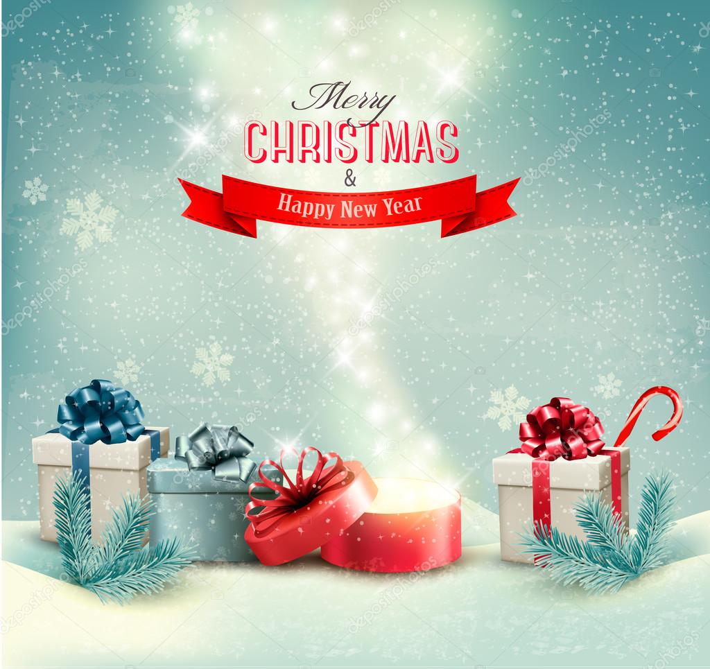 Christmas winter background with presents and open magic box Ve