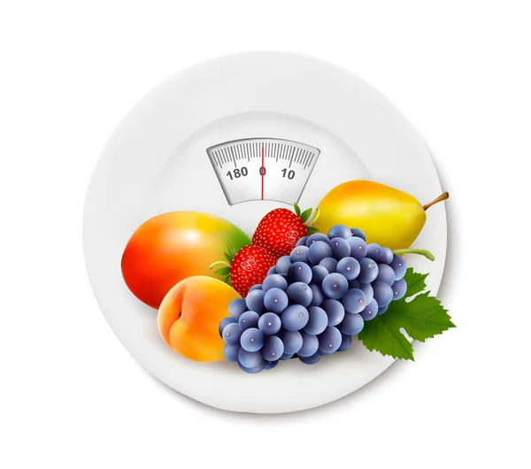 Fruta en la escala de peso. Concepto de dieta. Vector . — Archivo Imágenes Vectoriales
