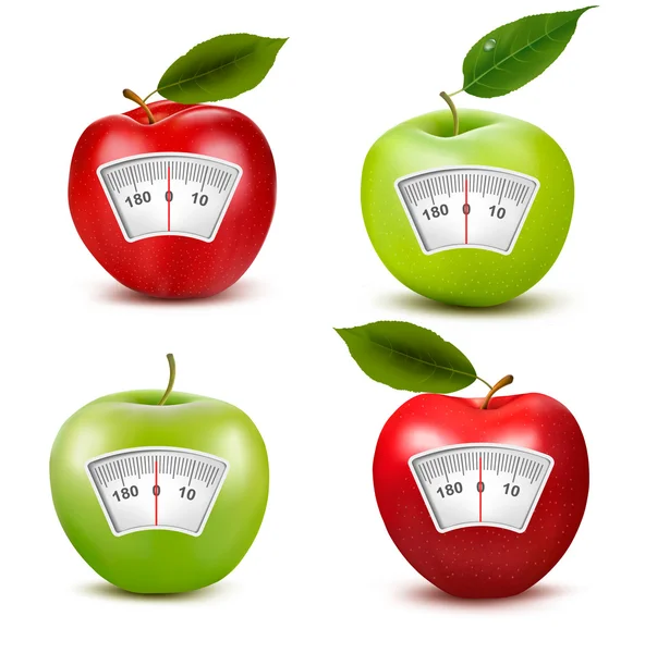 Conjunto de maçãs com uma balança de peso. Conceito de dieta. Vetor . — Vetor de Stock