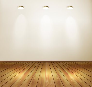 sahne ışıkları ve ahşap zemin ile duvar. Showroom konsept. vektör