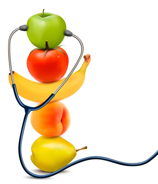 Fruta con estetoscopio. Concepto de alimentación saludable. Vector . — Archivo Imágenes Vectoriales