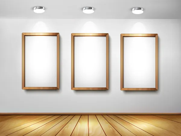 Empty wooden frames on wall with spotlights and wooden floor. Ve — Stock Vector