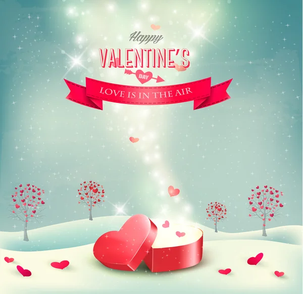 Valentine day background with an open red gift box. Vector. — Stock Vector