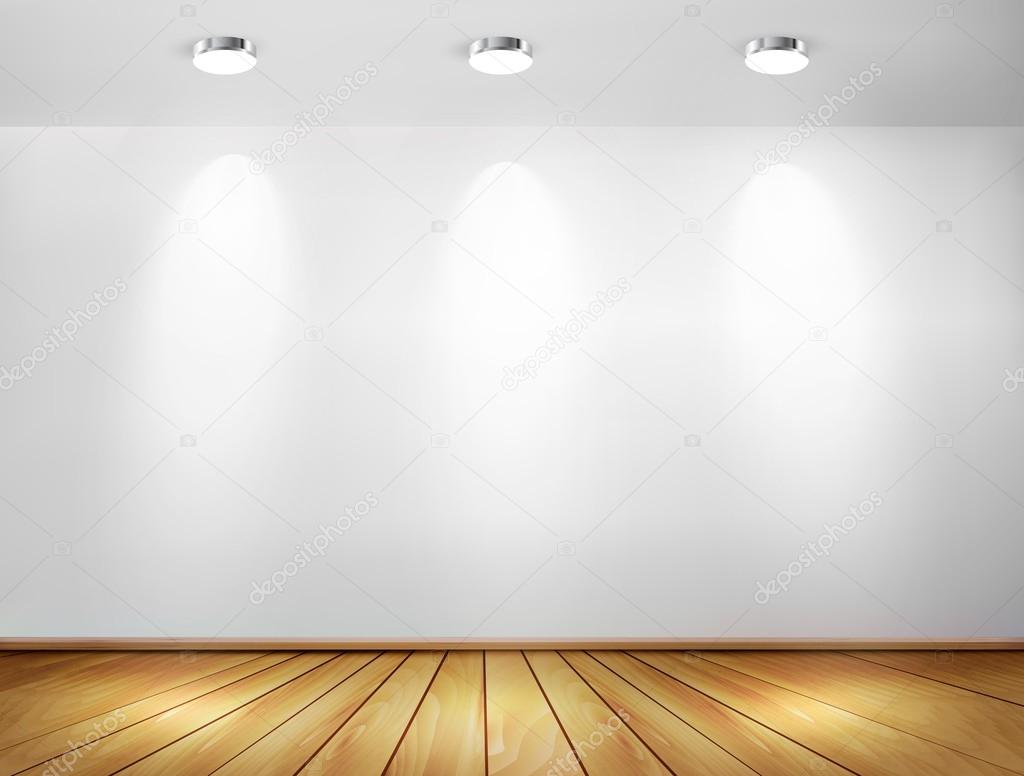 Wall with spotlights and wooden floor. Showroom concept. Vector